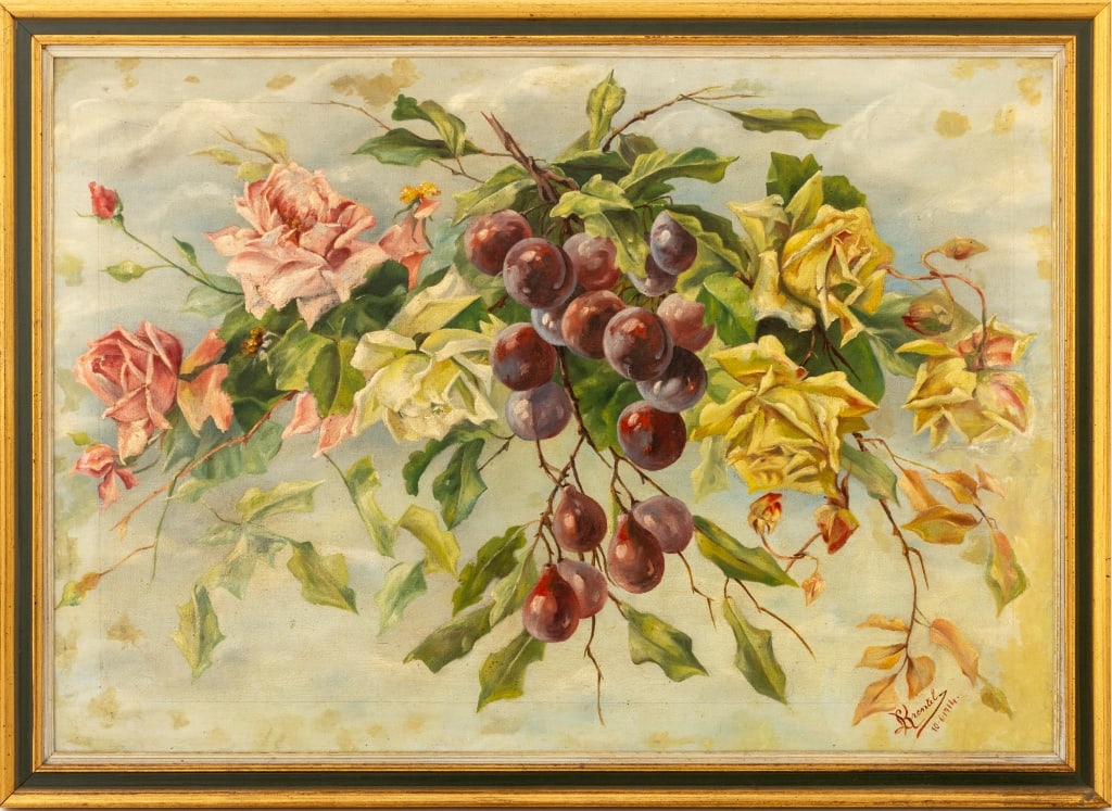 English School Plums & Roses Oil on Panel, 1914: English School, Plums and Rose Flowers, Oil on Wood Panel, 1914, signed "L. Krentel" and dated "10-6-1914" lower right, green painted giltwood. Image: 23" H x 33" W; frame: 26.5" H x 36.5" W. Provenan