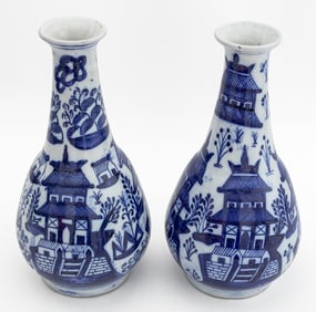 Chinese Blue and White Bottle Vases, Pair