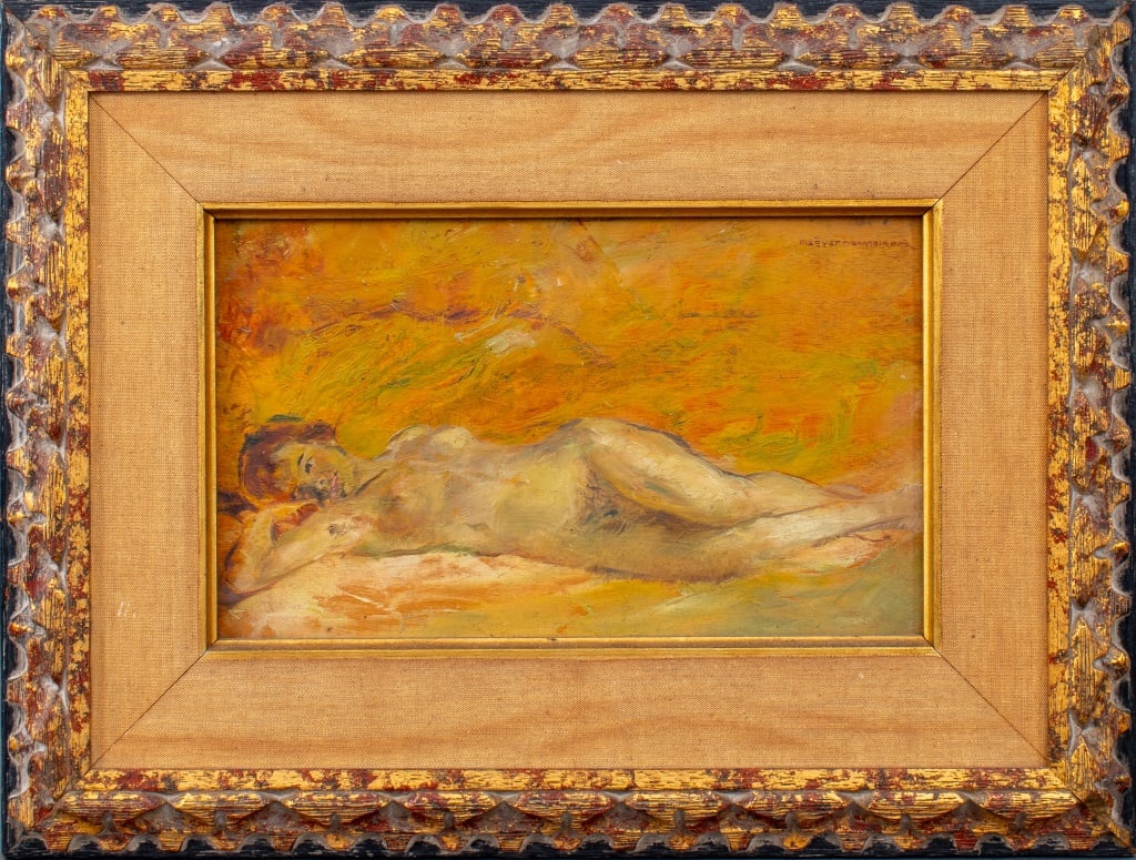 Gusztav Magyar-Mannheimer Reclining Nude Oil: Gusztav Magyar-Mannheimer (Hungarian, 1859-1937), Reclining Nude Woman, Oil on Panel, signed upper right, inscribed "Magyar-Mannheimer / De Kay Collection / Parke-Bernet Gallery / Jan. 1967" verso, ca