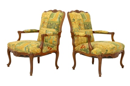 Louis XV Style Walnut Fauteuils, Pair