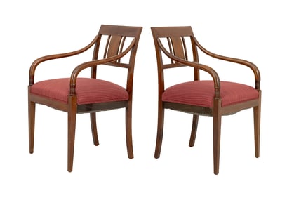 Regency Style Marquetry Walnut Armchairs, Pair