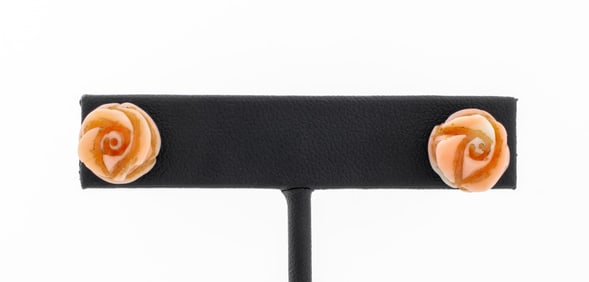 Italian 18K Yellow Gold Carved Coral Earrings