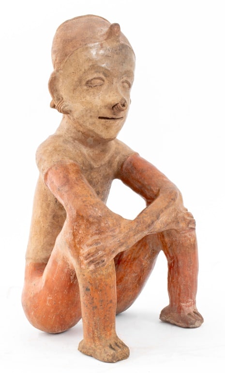 Nayarit Pre-Columbian Seated Figure Sculpture: Nayarit Pre-Columbian Seated Male Figure Pottery Sculpture, depicting man with headdress, earrings, and nose rings. 15.75" H x 7.5" W x 7" D. Provenance: From a Sutton Place Estate. Keywords: Mesoamer