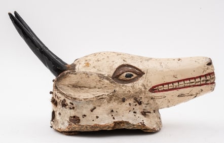 Antique Polychromed & Carved Wood Stag Mask