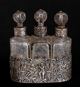 German Silver and Glass Perfume Bottle Set
