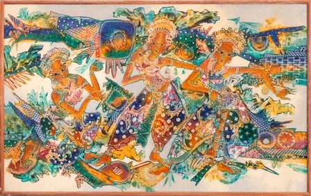 Signed Three Dancing Women Batik Painting