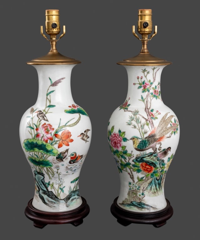 Chinese Famille Rose Porcelain Vase Lamps, Pair (1 of 5)
