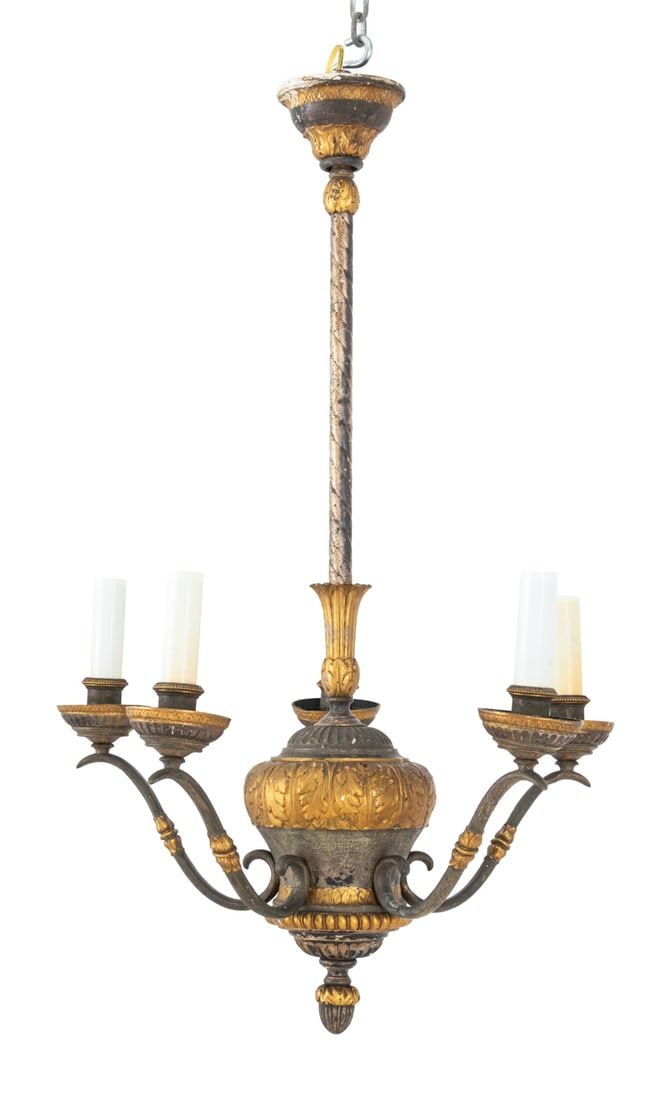 Louis XVI Style 5-Branch Bronze Chandelier: Louis XVI Style Five-Branch Silvered and Gilt Bronze Chandelier. 35.5" H x 22" Diameter. Provenance: From a 225 West 86th Street, New York City Estate. Keywords: French Style, Louis XV, Acanthus leaf,