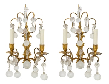 Italian Brass & Crystal 2-Branch Wall Sconces, Pr.