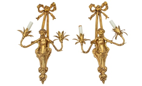 Louis XVI Style Gilt Metal Cherub Sconces, Pair