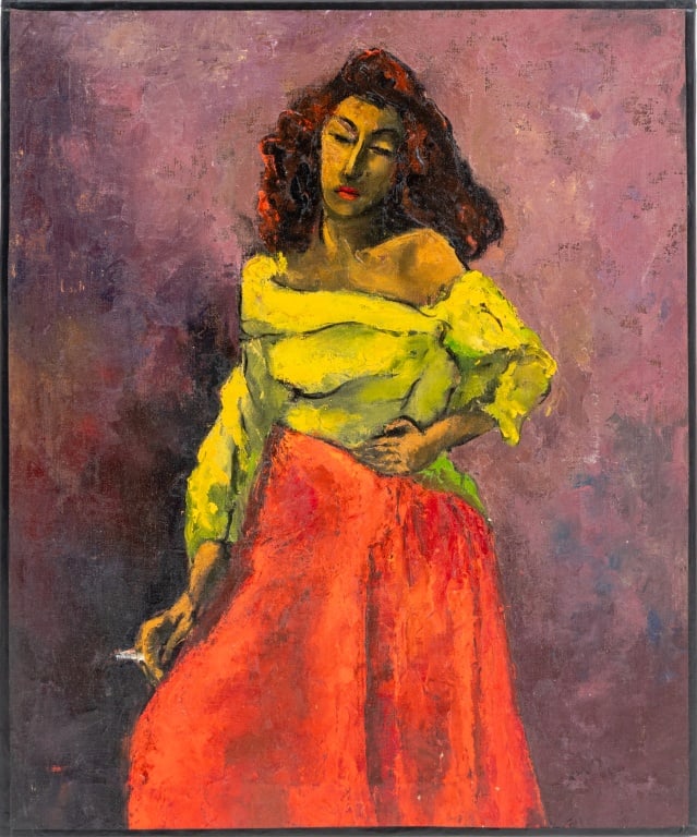 A. Rimdrit Woman in Yellow and Red Dress Oil: A. Rimdrit (American, XX), Woman in Yellow and Red Dress, Oil on Canvas, signed verso, unframed. 24" H x 20" W. Provenance: From the Allen Tucker Memorial Collection. Keywords: Painting, Oil painting,