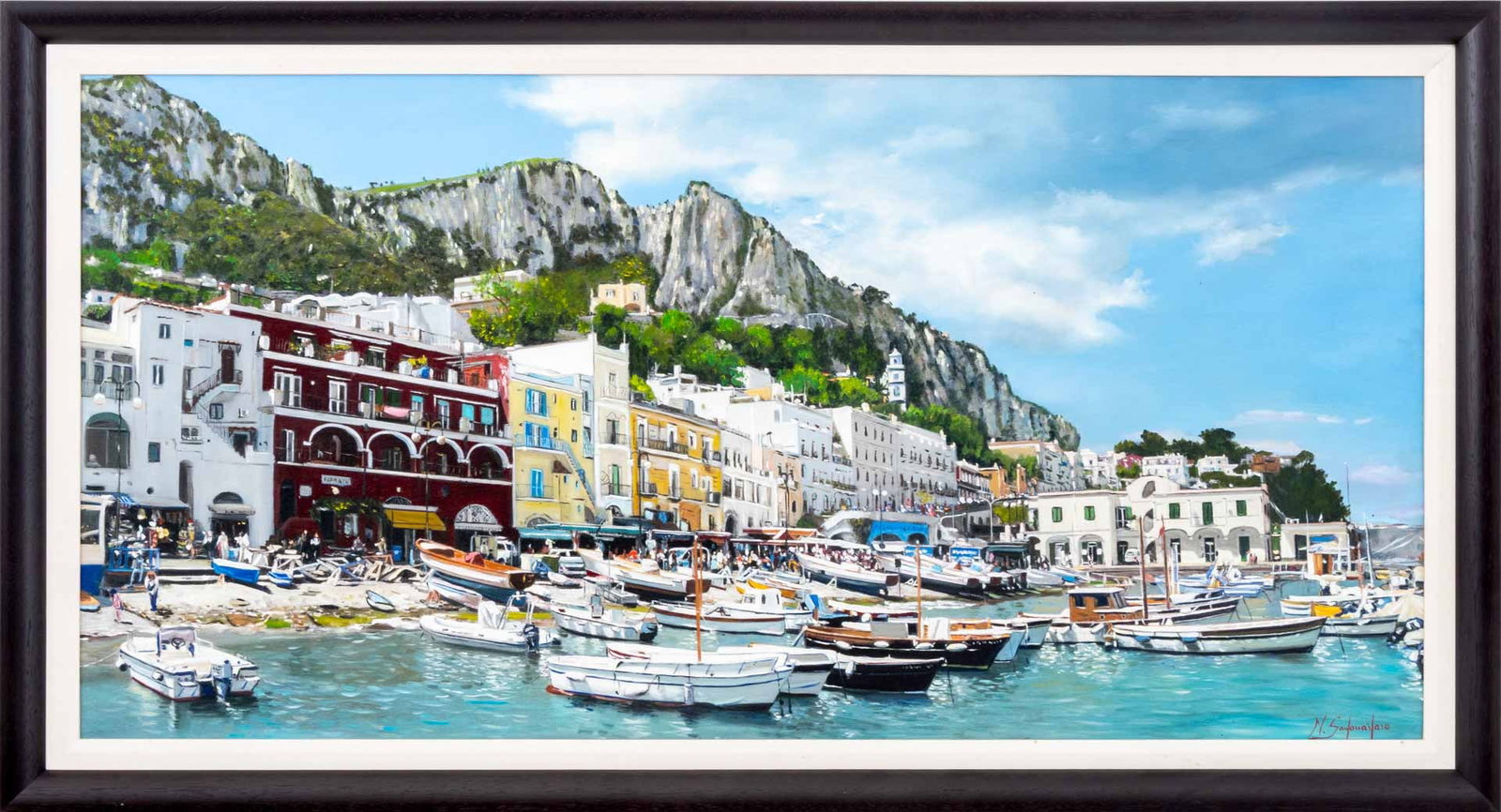 Michele Santonastaso "Capri" Oil on Canvas, 2008: Michele Santonastaso (Italian, b. 1969), "Capri, Marina Grande", Oil on Canvas, July 2008, signed lower right, signed, titled, and dated verso, ebonized frame. Image: 23" H x 47" W; frame: 28.25" H 52