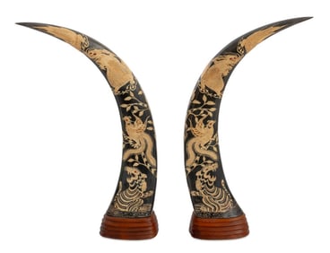 Thai Carved Buffalo Horn Sculptures, Pair