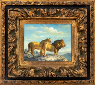 Illegibly Signed Lions Amongst a Landscape Oil