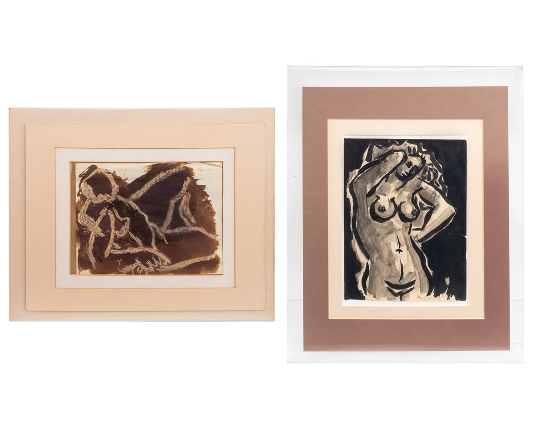 Willard MacGregor Female Nude Watercolors, 2: Willard MacGregor (American, 1901-1993), Two Abstracted Female Nude Figures, Watercolors on Paper, both signed, clear float-frame. Larger image: 8.5" H x 11" W; frame: 16." H x 20" W. Provenance: Prop