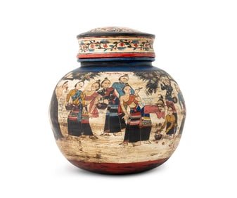 Burmese Figural Hand-Painted Covered Jar