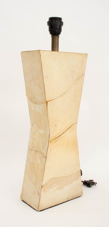 Jean-Michel Frank Style Goatskin Table Lamp: Jean-Michel Frank Style Goatskin Table Lamp, circa 1940, hourglass form, apparently unmarked. 22.25" H x 7.5" W x 4" D. Provenance: From a New York City Collection. Keywords: Lighting, Desk lamp, Mid-