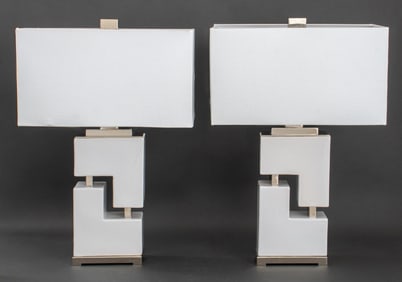 Contemporary White Geometric Table Lamps, Pair