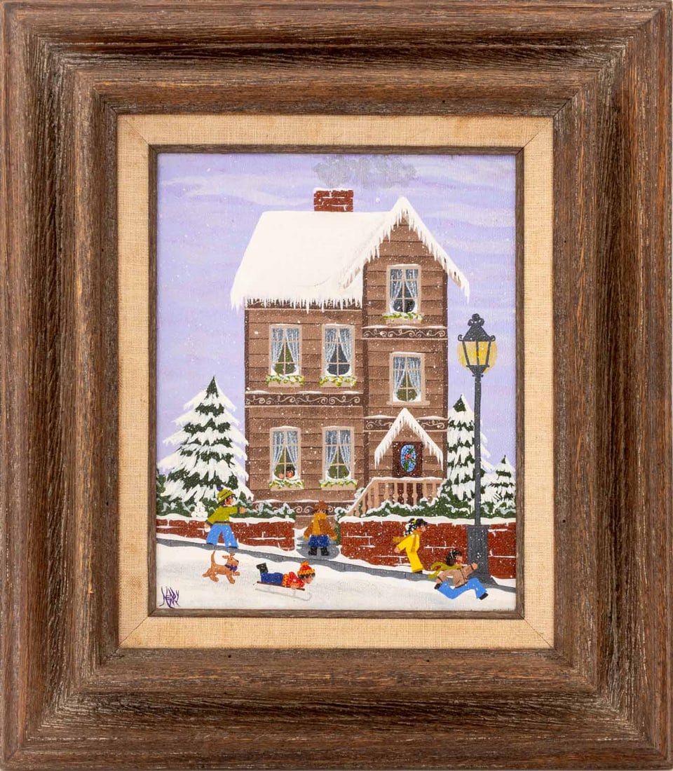 Merry Kohn "Winter, At Last" Acrylic on Canvas: Merry Kohn (American, b. 1951), "Winter, At Last", Acrylic on Canvas, signed "Merry" lower left, titled and signed verso, wood frame. Image: 9.5" H x 7.5" W; frame: 16.5" H x 14.5" W x 1.5" D. Provena