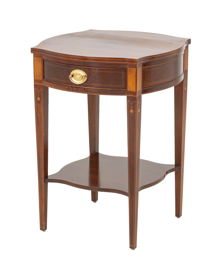 Baker Furniture Mahogany Side Table: Baker Furniture Mahogany Side Table, with birch marquetry inlay and single drawer on four fluted legs, marked "Baker Furniture" and "Historic Charleston Reproductions" to the interior drawer. 27.25" H