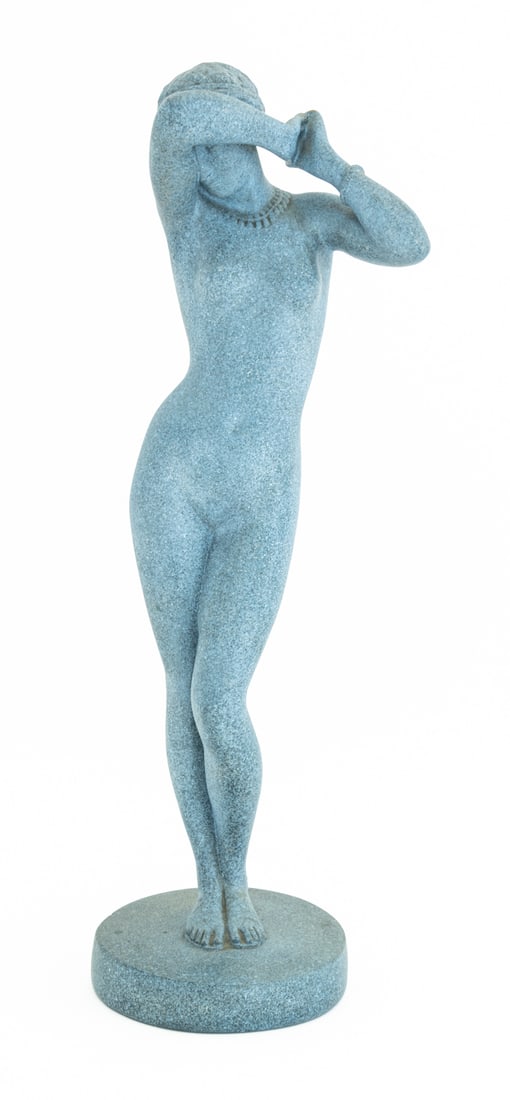 Neoclassical Nude Woman Blue Glazed Sculpture: Neoclassical Standing Nude Woman Speckled Blue Glazed Ceramic Sculpture, atop a circular plinth. 30" H x 10" W x 8" D. Provenance: From the Upper West Side Estate of Fashion Designer Goro Ishikawa. Ke