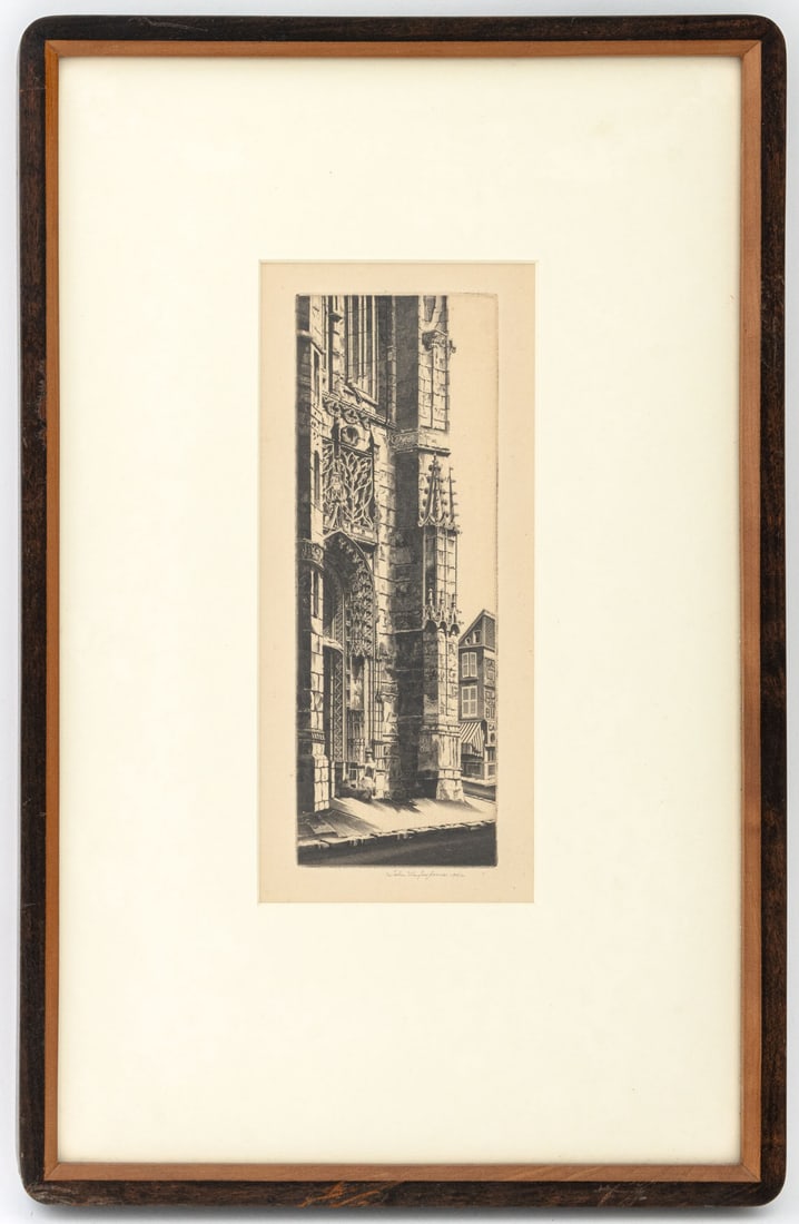John Taylor Arms "Dreux" Etching, 1942: John Taylor Arms (American, 1887-1953), "Dreux", Etching on Paper, 1942, signed in pencil and dated lower right, wood frame. Image: 8.25" H x 2.75" W; frame: 17" H x 11" W x 0.75" D. Provenance: From