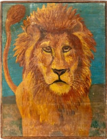 Naive Lion Amongst a Landscape Oil on Canvas