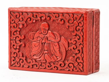 Chinese Cinnabar Buddha Motif Covered Box