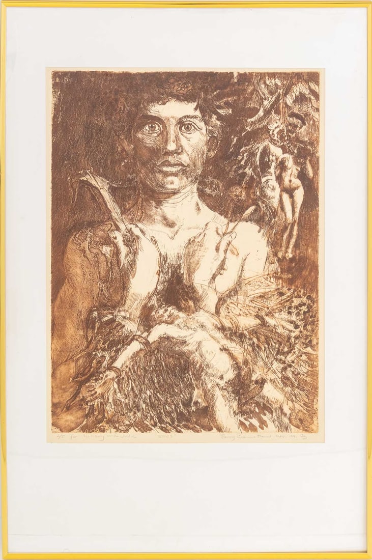 Larry Bernstein "Eros" Etching, 1991: Larry Bernstein (XX-XXI), "Eros", Etching in Colors, 1991, signed in pencil and dated lower right, titled lower center, inscribed and numbered edition "2/5" lower left, gold-tone metal frame. Image: 2