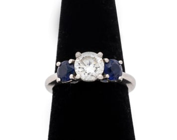 Platinum Diamond Sapphire 3-Stone Engagement Ring