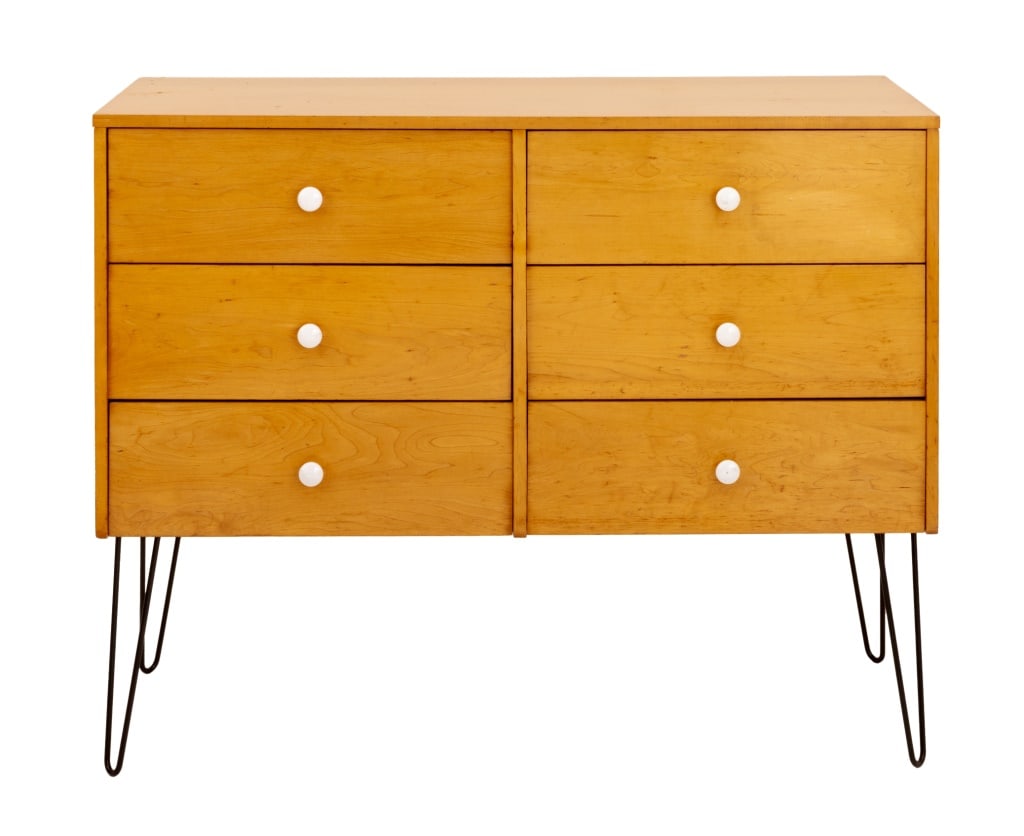 Paul McCobb for Winchendon Planner Group Dresser: Paul McCobb for Winchendon Planner Group Blonde Wood Dresser, on hairpin legs with six short drawers with white ceramic drawer pulls, marked "McCobb design / Planner Group by / Winchendon" to left int