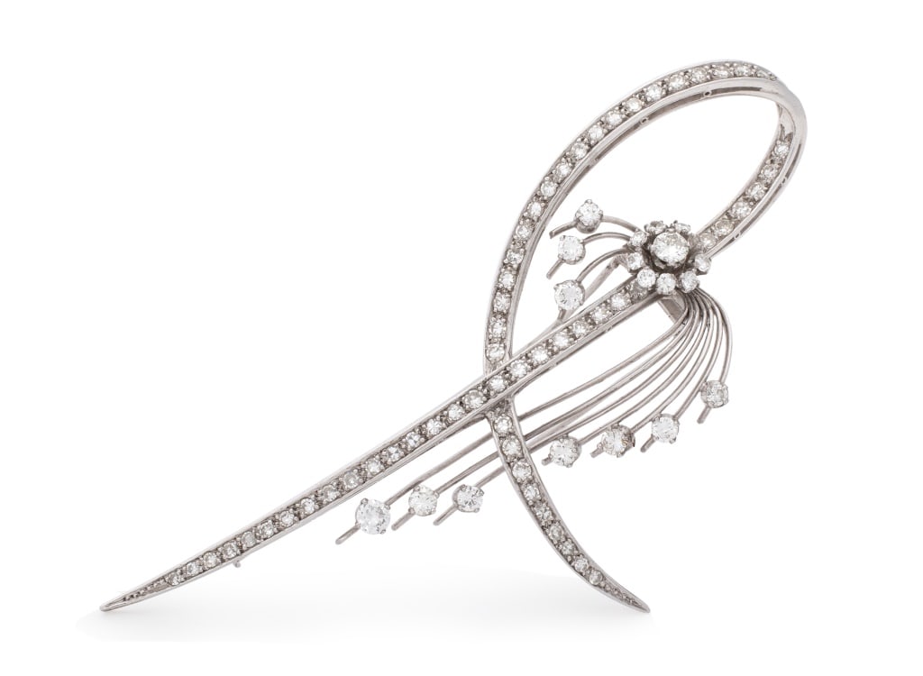 Retro Platinum Diamond Cluster Spray Brooch, 1950s (1 of 7)