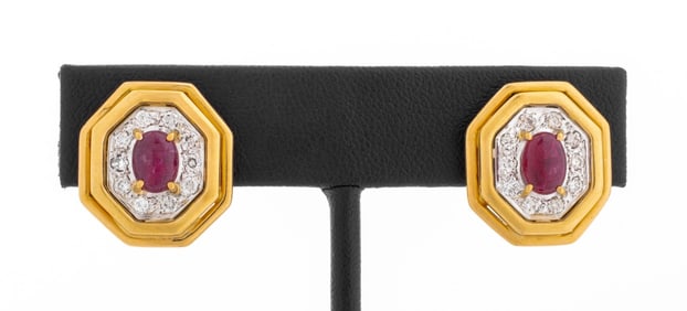 18K Yellow Gold Ruby Diamond Earrings