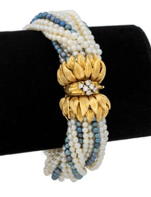 Multi-Strand Pearl Bracelet 18K Diamond Clasp