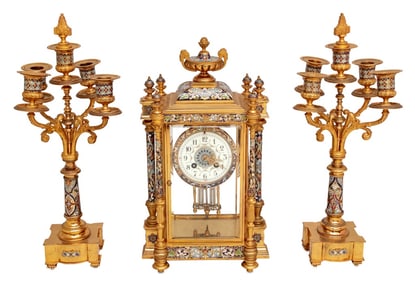French Gilt Bronze and Enamel Clock Set, 3
