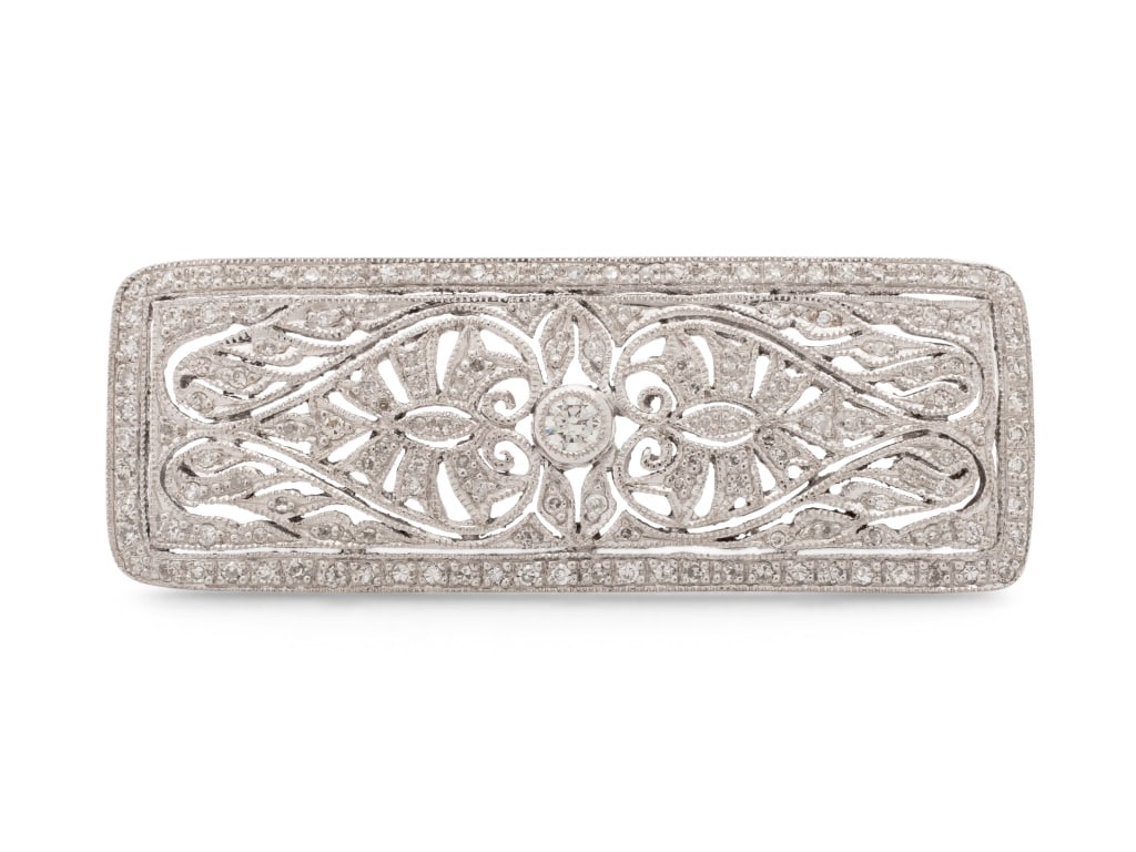 Art Deco 18K Gold Diamond Filigree Brooch (1 of 4)
