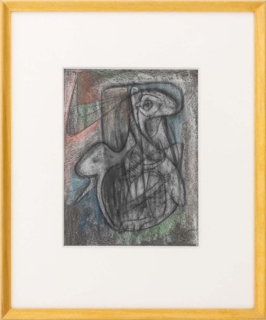 John Heliker "Study #1" Mixed Media on Paper, 1947: John Edward Heliker (American, 1909-2000), "Study #1", Mixed Media on Gray Toned Paper, 1947, signed in pencil lower right, Kraushaar Galleries Inc. label verso, wood frame. Image: 8.25" H x 6.25" W;