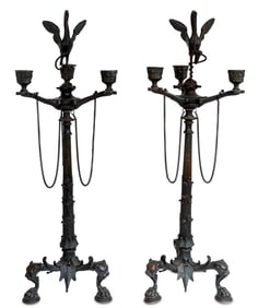 Patinated Bronze 3-Branch Candelabra, Pair