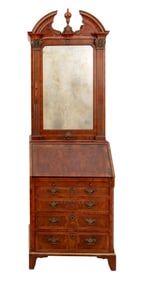 George II Style Burr Walnut Bureau Cabinet
