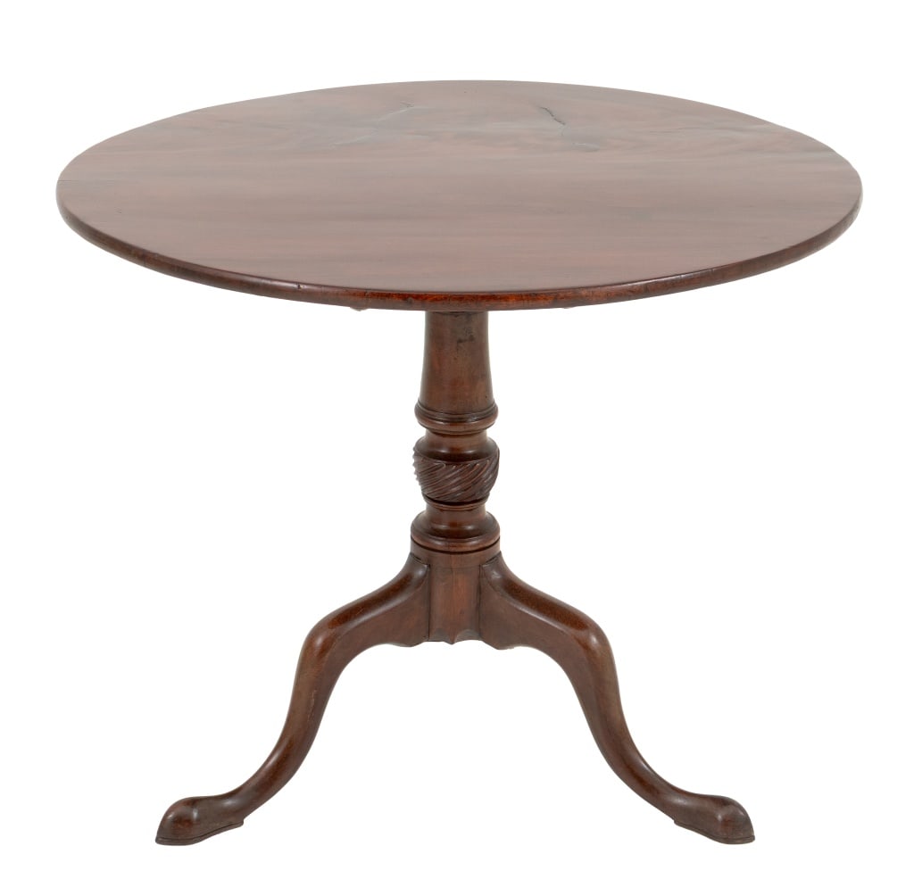 George III Mahogany Tripod Table: George III Mahogany Tripod Table, with tilt top above columnar stem atop three cabriole legs. Top flipped: 46" H x 33" Diameter. Provenance: From the Upper East Side Apartment of a Former Ambassador.