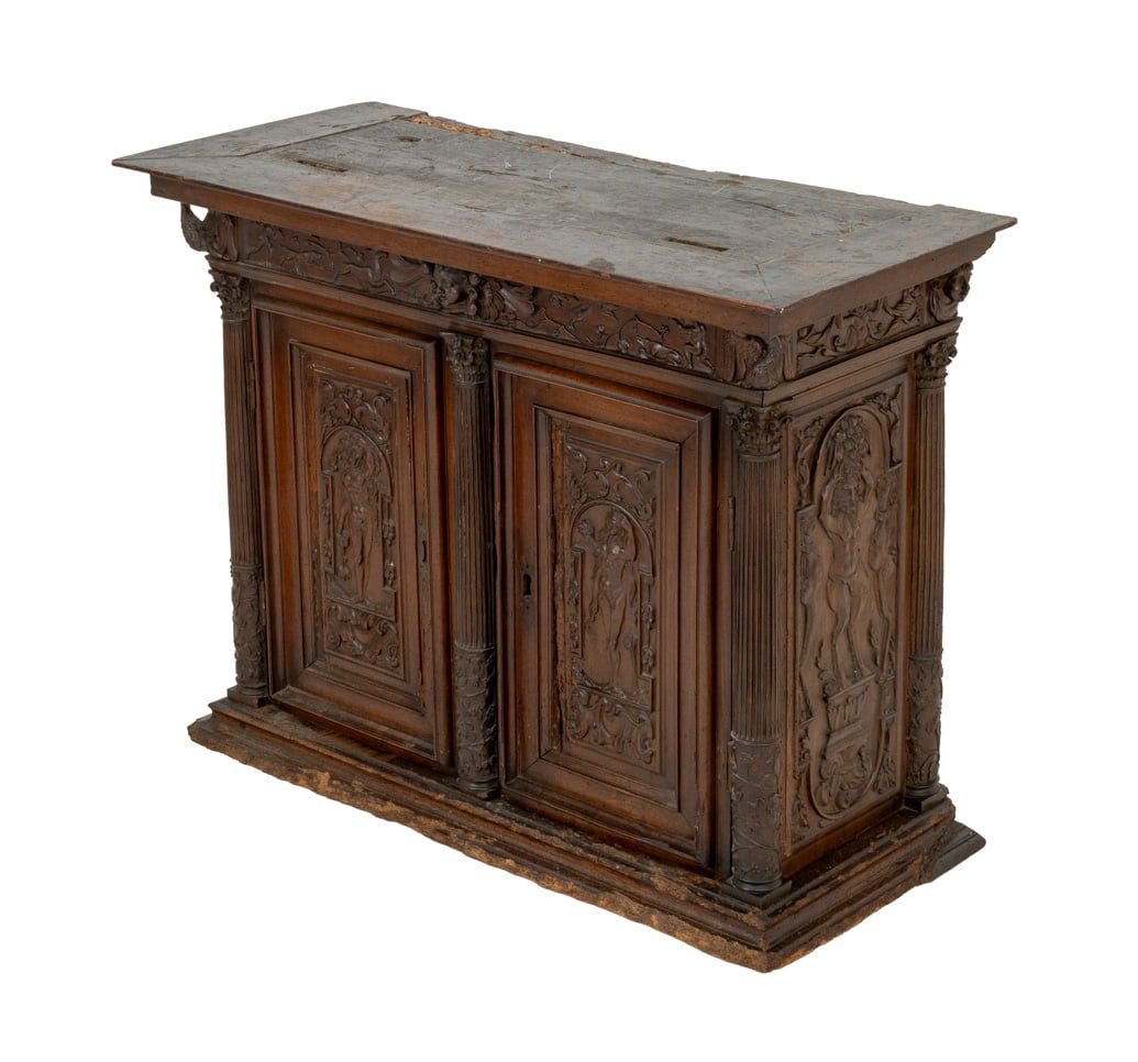 Renaissance Revival Carved Wood Two Door Cabinet: Renaissance Revival Carved Wood Two Door Cabinet, 19th century, each panel with nude female figure decoration flanked by fluted Corinthian columns, surmounted by trumpeting putti and masque. 29" H x 3