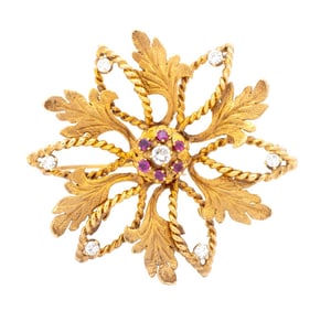 14K Yellow Gold Diamond Ruby Floral Brooch