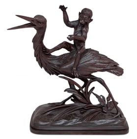 Henri Lechesne "Heron and Monkey" Patinated Bronze