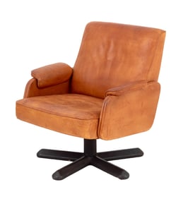 Mid-Century Modern Tan Leather Swivel Armchair
