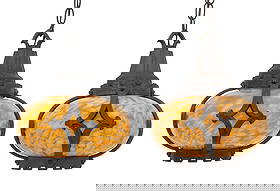 Gothic Revival Iron Mottled Glass Hall Lanterns, 2: Pair of Gothic Revival Iron Mottled Glass Hall Lanterns, 20th century, peach, orange, and white shades with crenellated and trefoil frames. 19" H x 9.75" Diameter. Provenance: From a New York City Col