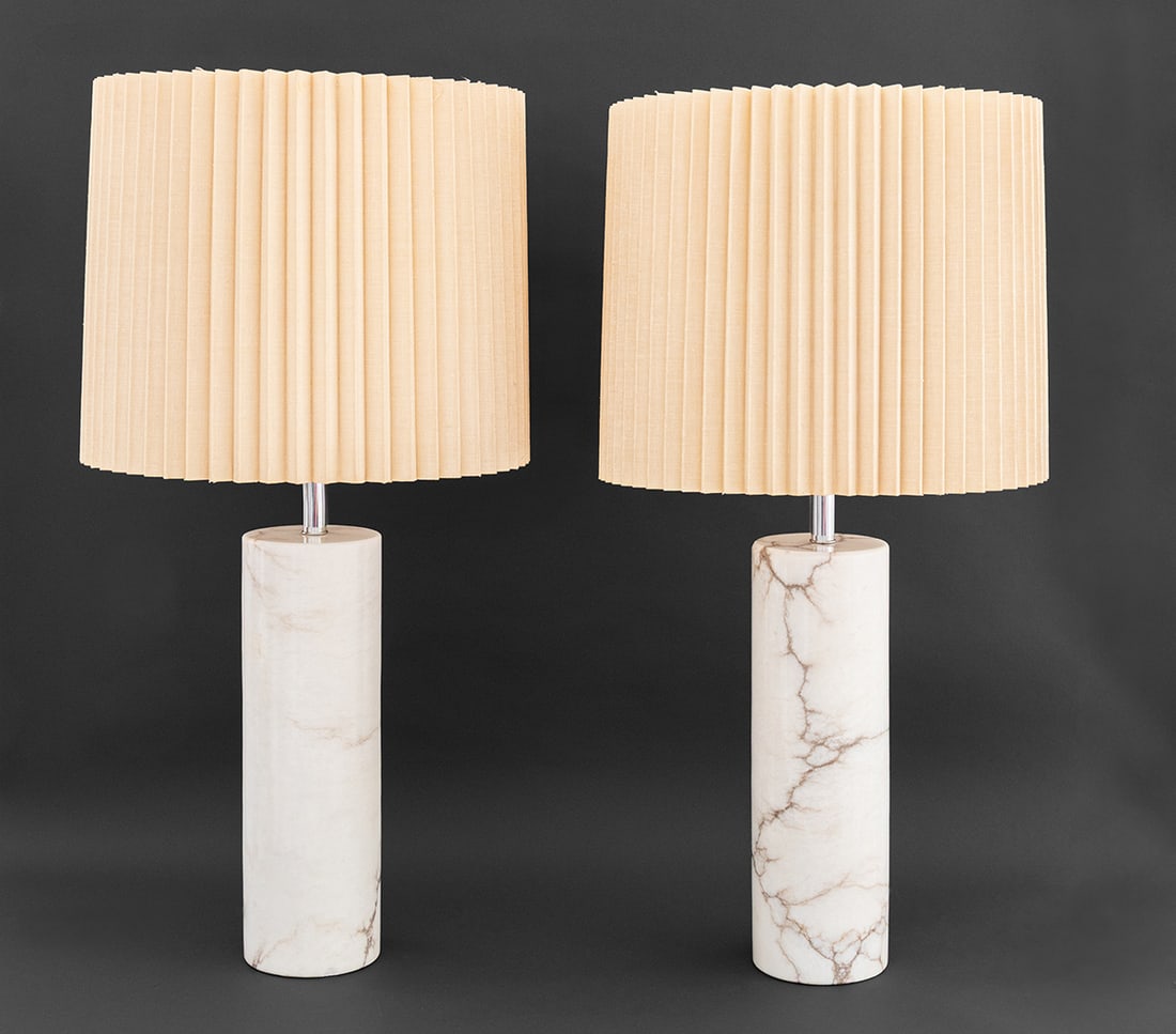 Modern White Marble Cylinder Table Lamps, Pair (1 of 5)