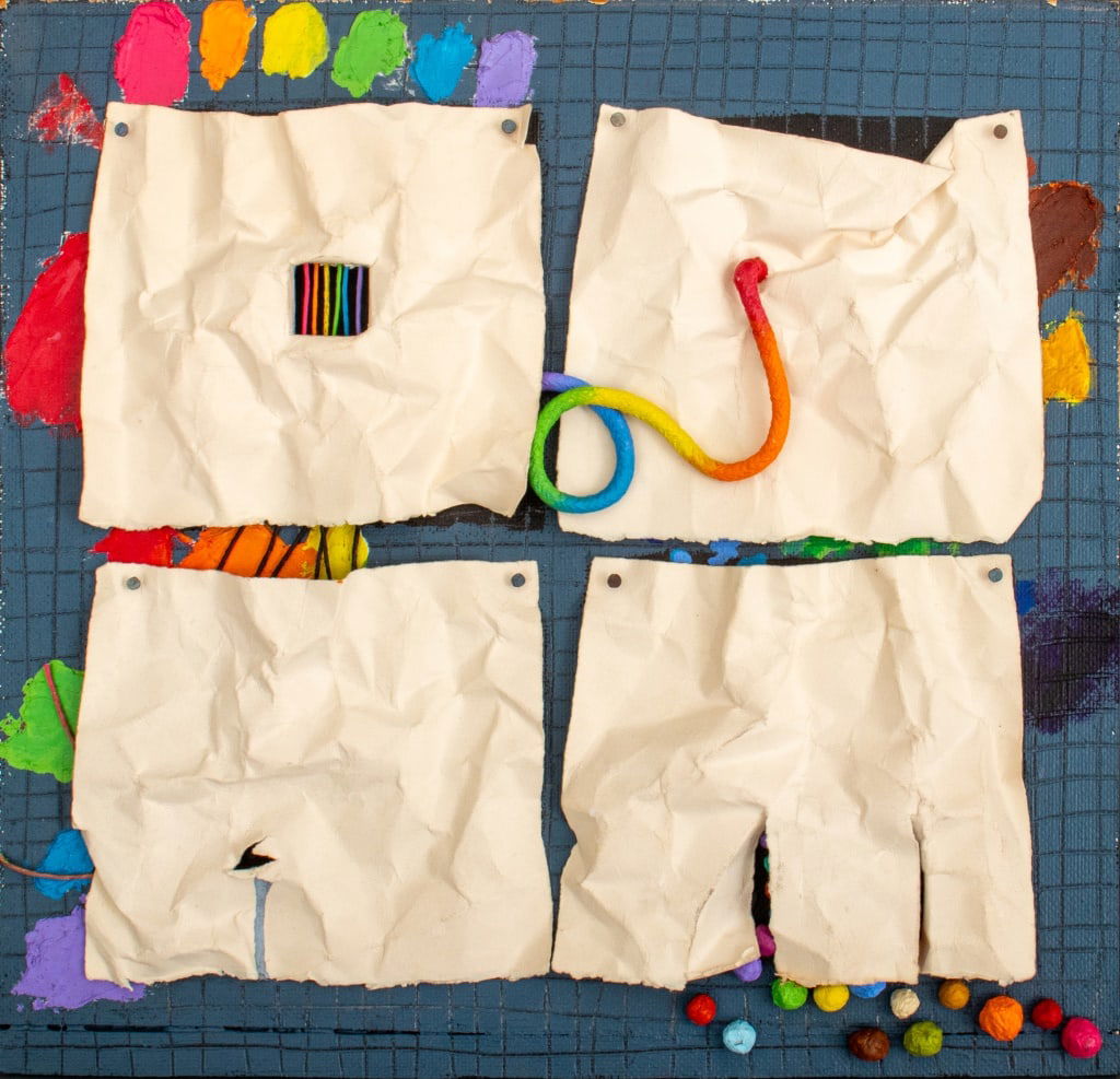 Domenick Capobianco Abstract Mixed Media Collage: Domenick Capobianco (American, b. 1928), Abstract Composition, Mixed Media Collage, mounted on flat painted grid, marked "Studio Domenick Capobianco" verso. 17" H x 16.25" W x .75" D. Provenance: From