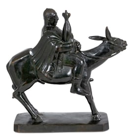 American "Man Riding Donkey" Patinated Bronze