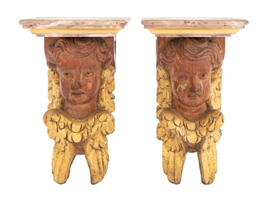 Faux Marble Carved Giltwood Cherub Wall Shelves, 2