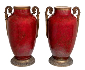 French Gilt Metal Mounted Red Majolica Vases, Pair